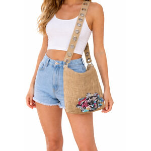 Burlap Crossbody Bag Fabric Flower Boho Jute Grommet Strap Handmade Style